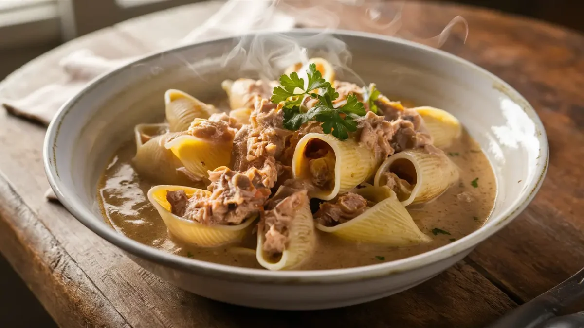 Creamy homemade tuna helper served in a rustic bowl