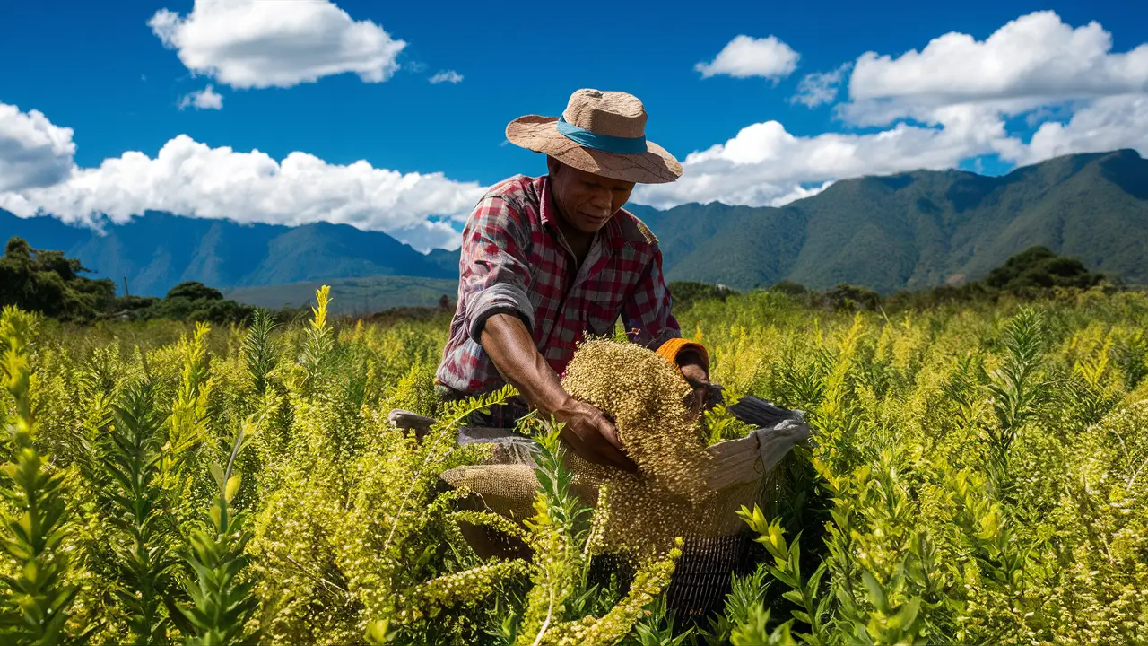 Farmer harvesting quinoa in Andean fields