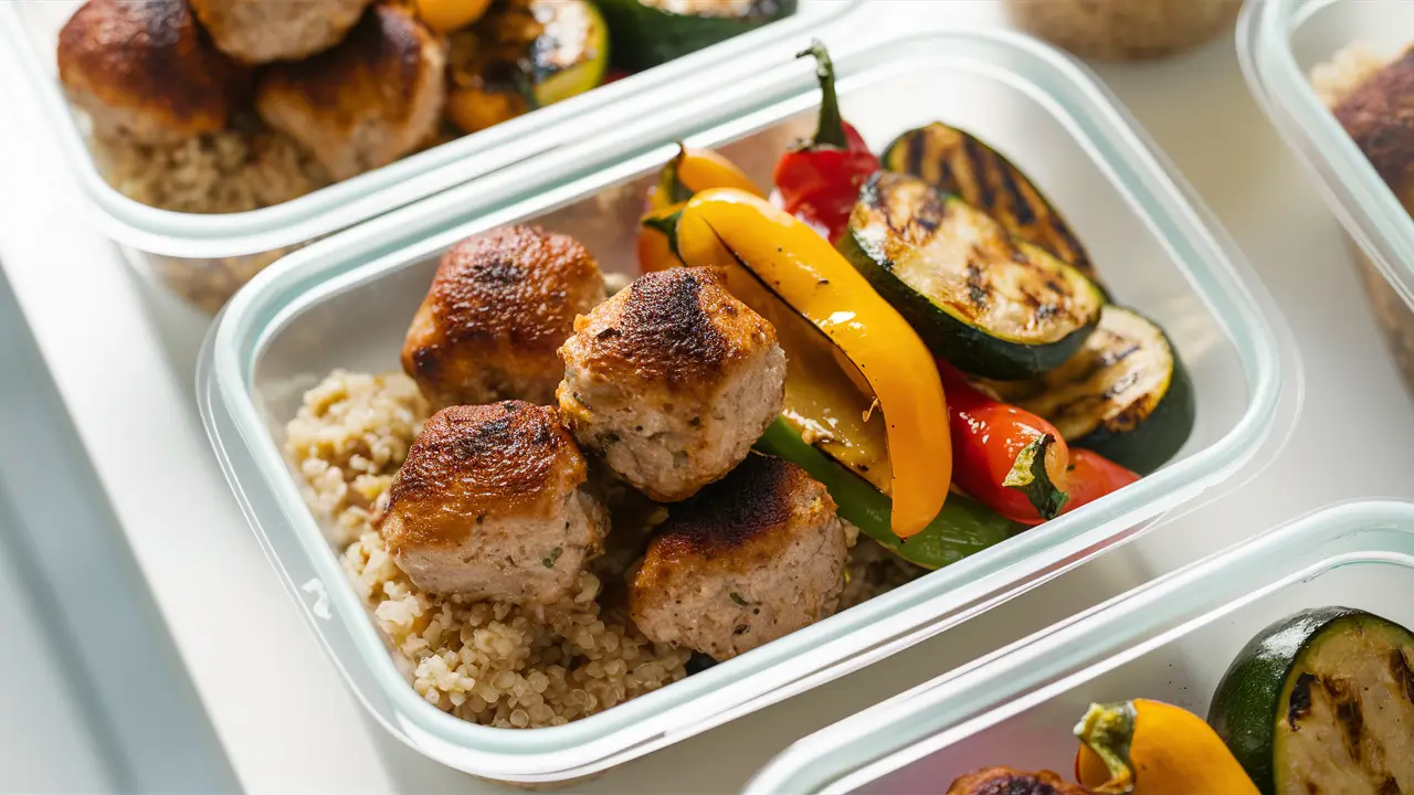 Meal prep with chicken meatballs, quinoa, and veggies