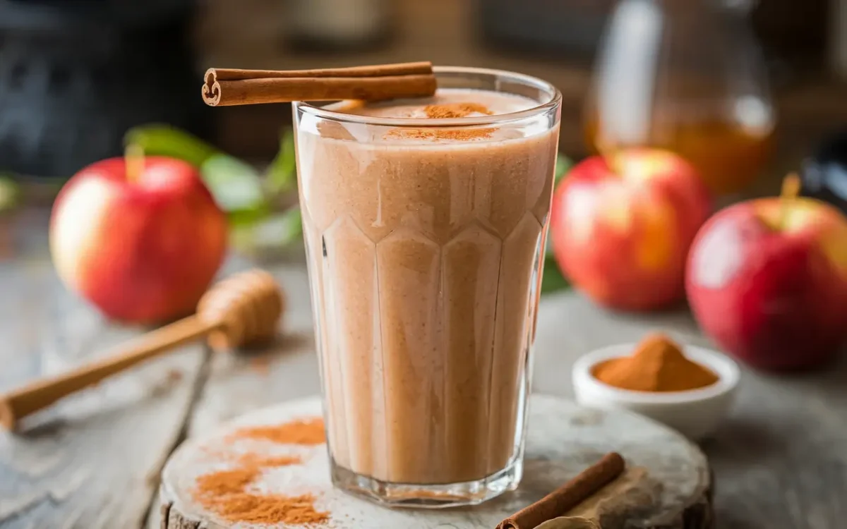 Red Delicious Apple Smoothie with Cinnamon Garnish in a glass, topped with a cinnamon stick and fresh apple slices