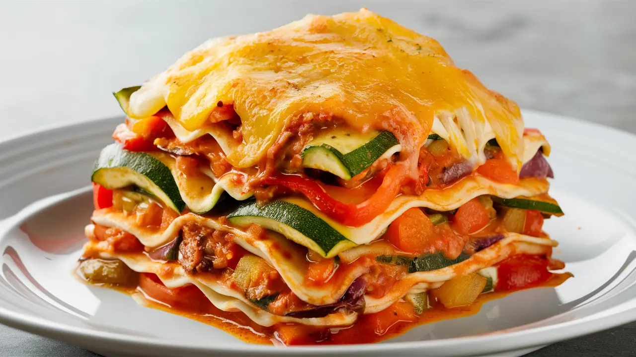 Vegetarian lasagna with oven ready noodles and fresh vegetables