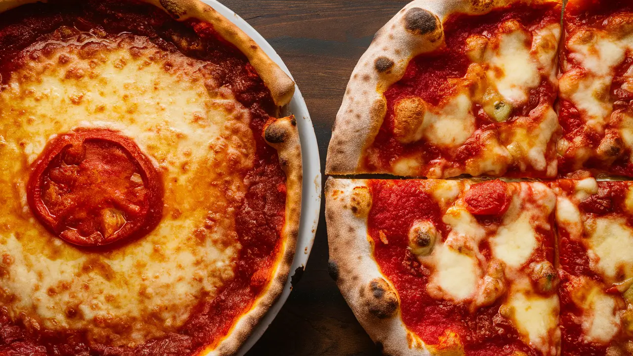 Deep-dish vs. tavern-style pizza comparison.