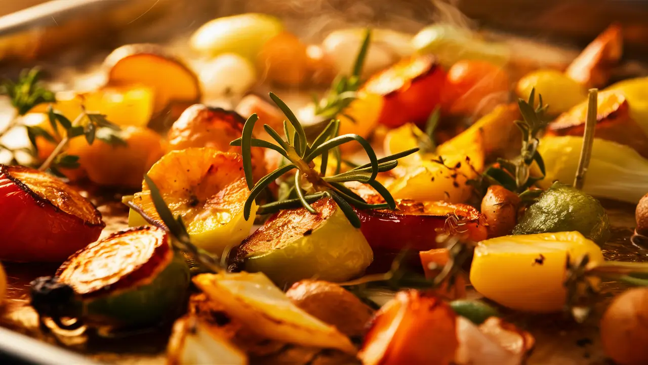 Close-up of roasted vegetables on a baking sheet