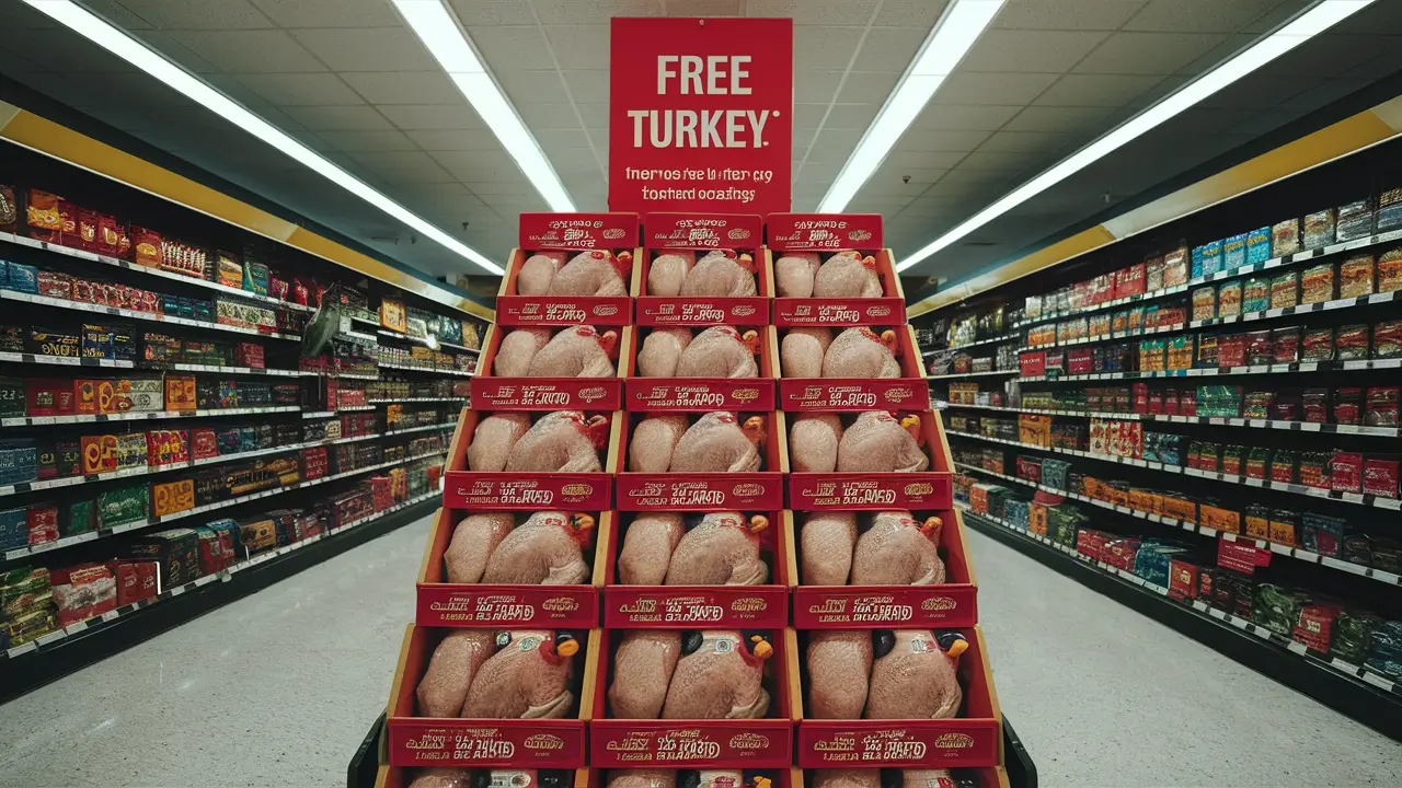 Grocery store display of frozen turkeys with a free turkey promotion sign