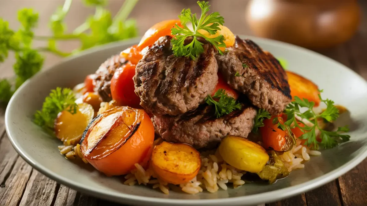 Grilled ground beef patties with roasted vegetables and rice