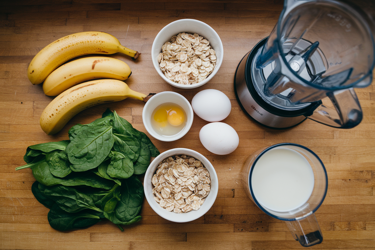 Ingredients for banana spinach pancakes arranged on a wooden counter