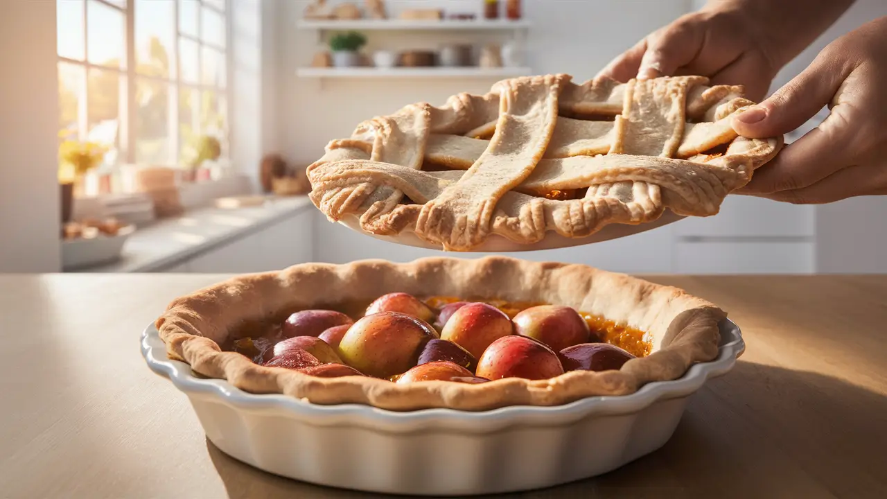 Gluten-free apple pie being assembled with a lattice top crust