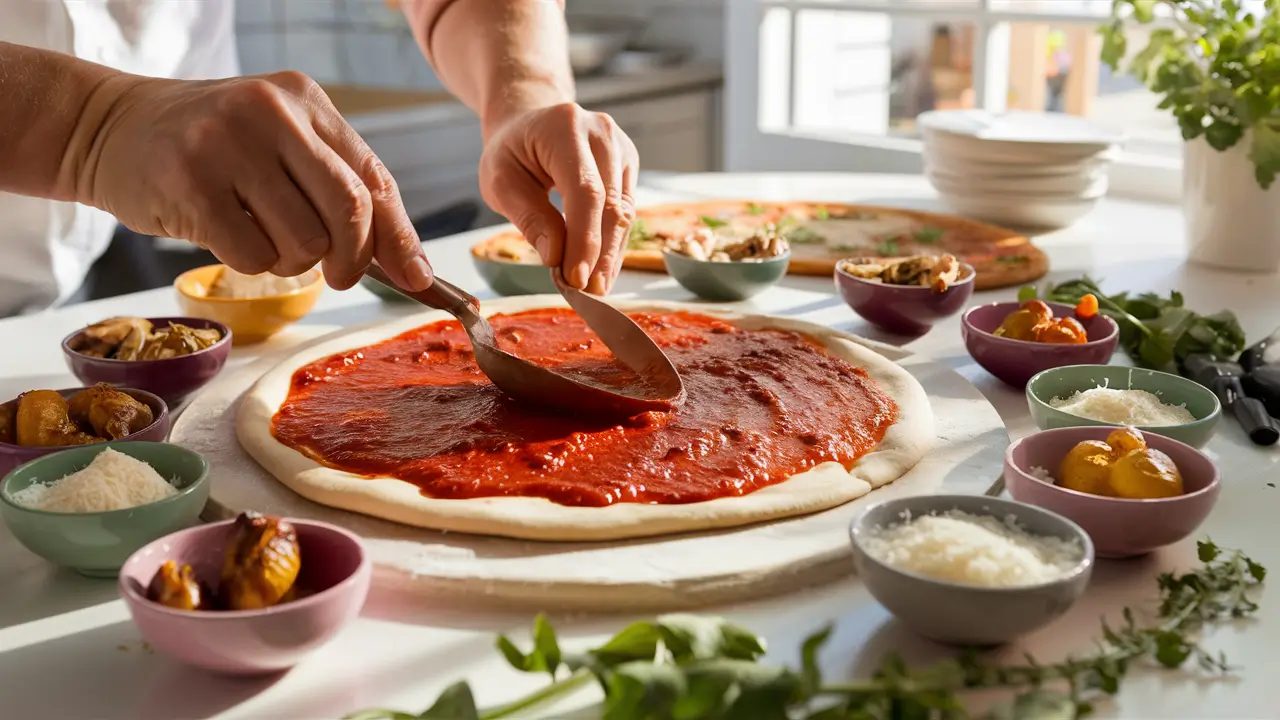 Hands assembling roasted vegetable pizza with marinara sauce