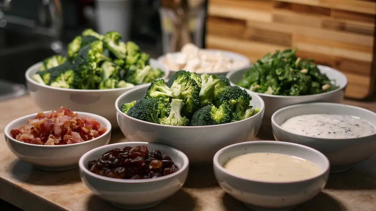 Close-up of Amish broccoli salad ingredients including broccoli, bacon, raisins, and sunflower seeds