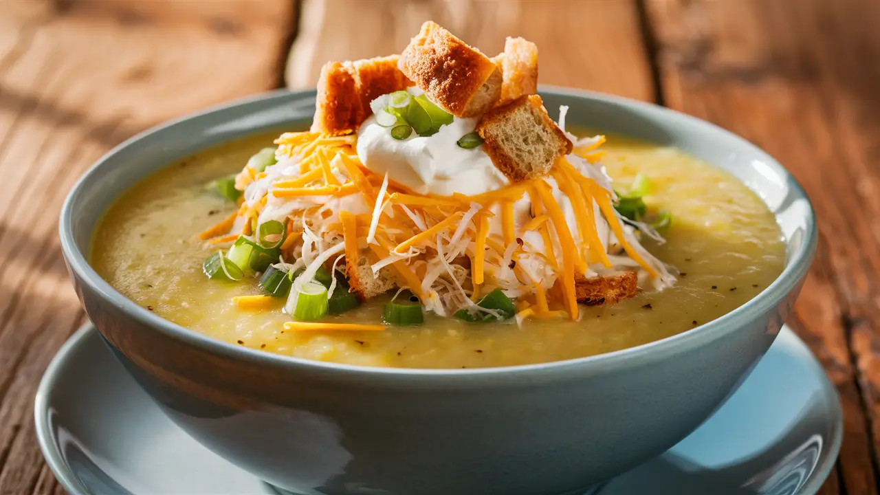 Potato soup garnished with cheese, sour cream, green onions, and croutons