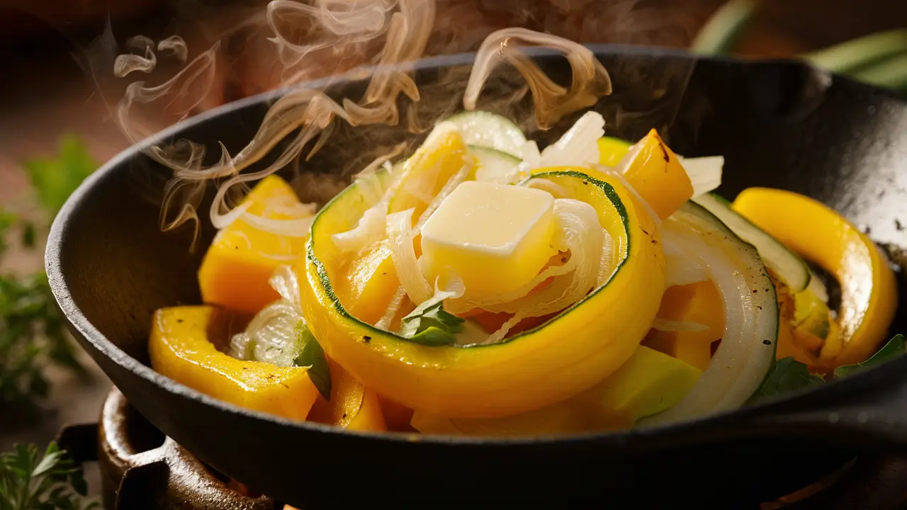 Fresh squash and onions sautéed in a skillet for casserole preparation