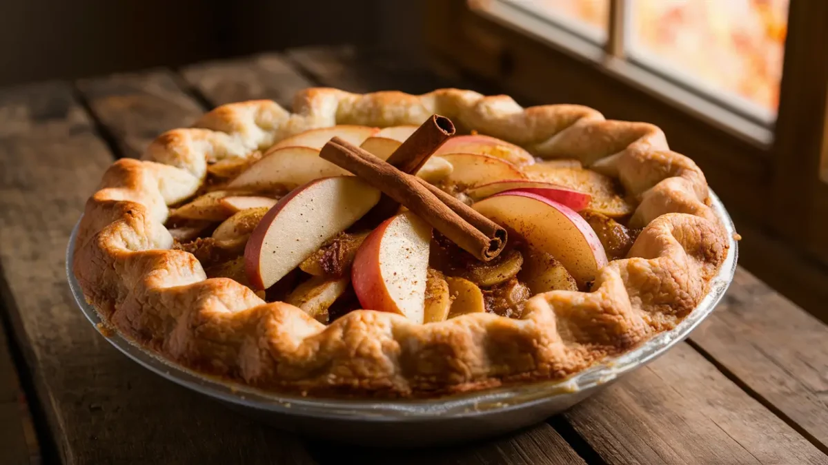 Freshly baked gluten-free apple pie on a wooden table