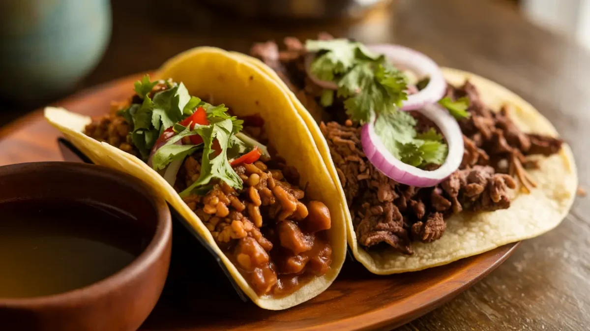 Birria tacos with consommé and barbacoa tacos side by side