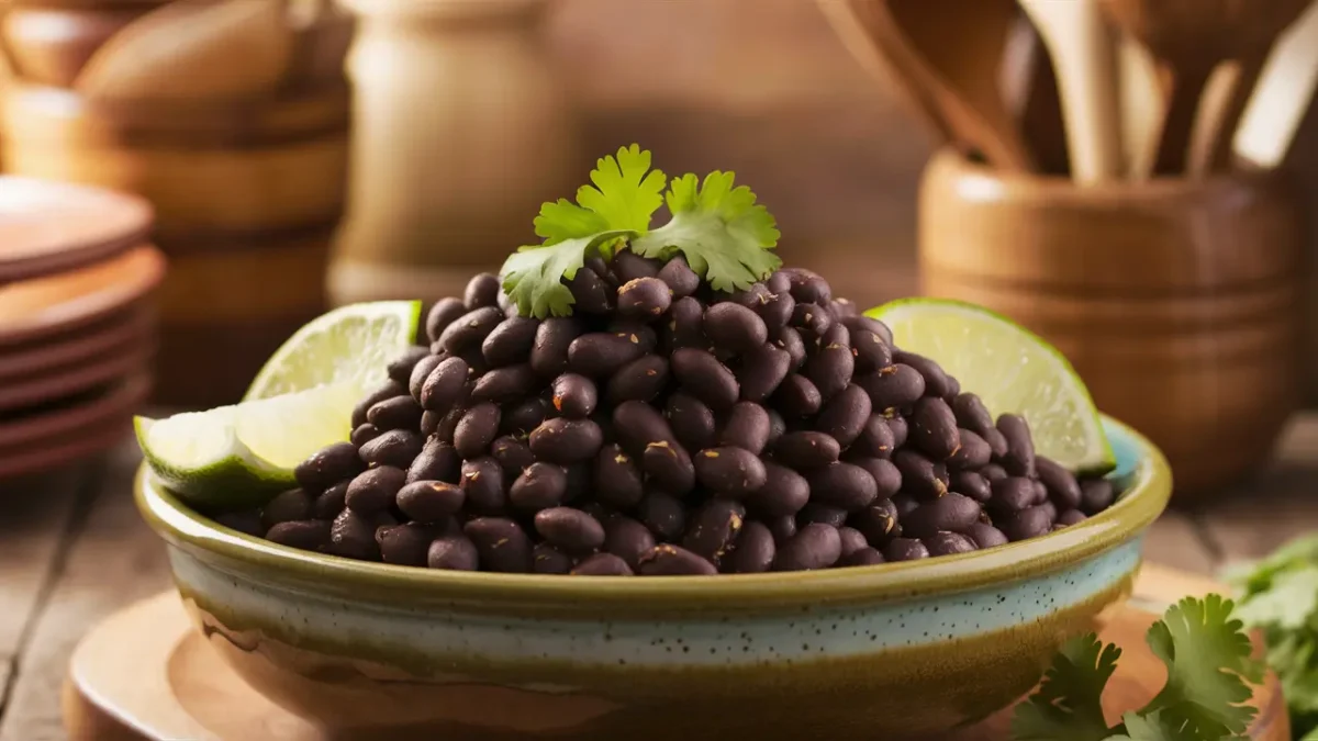 Bowl of Slow Cooker Black Beans with Fresh Cilantro and Lime