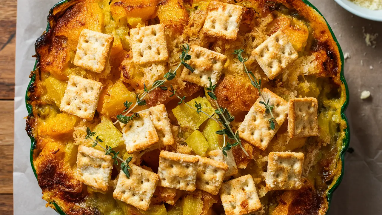 Perfectly baked squash casserole with crispy cracker topping