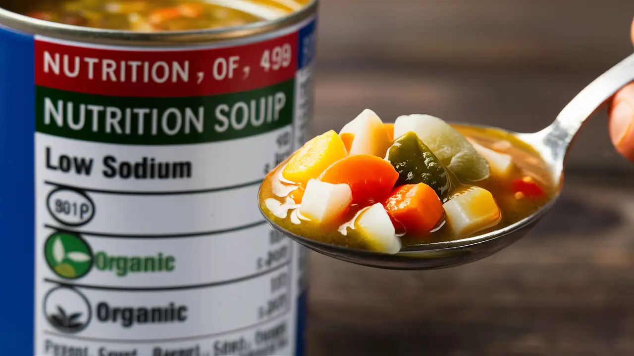 A nutrition label on a canned vegetable soup, highlighting healthy ingredients