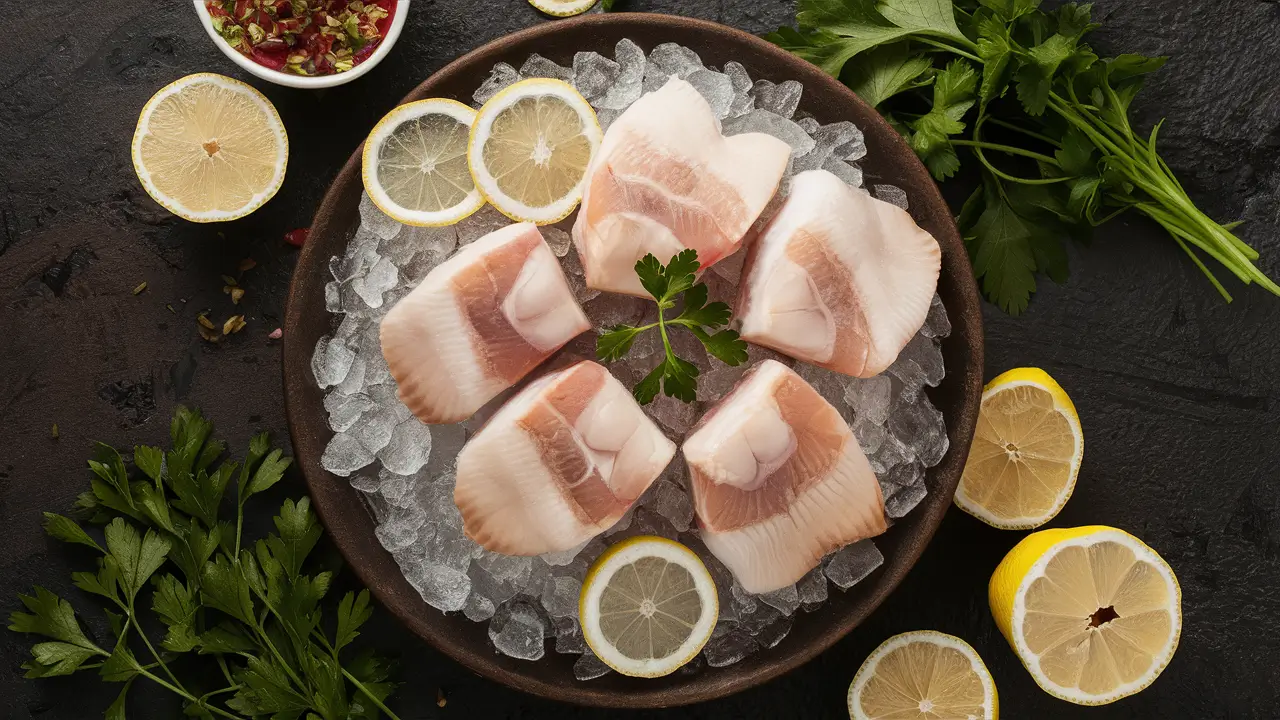 Fresh halibut cheeks on ice at a seafood market