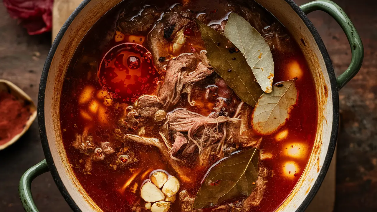 A steaming pot of birria consomé with slow-cooked beef.