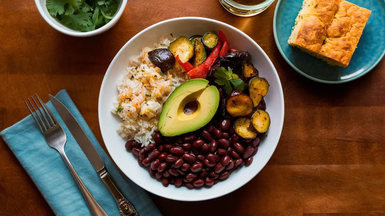  Plated Slow Cooker Black Beans with Rice and Avocado