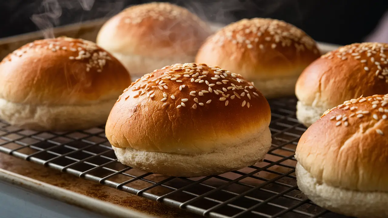 Freshly baked keto hamburger buns on a cooling rack