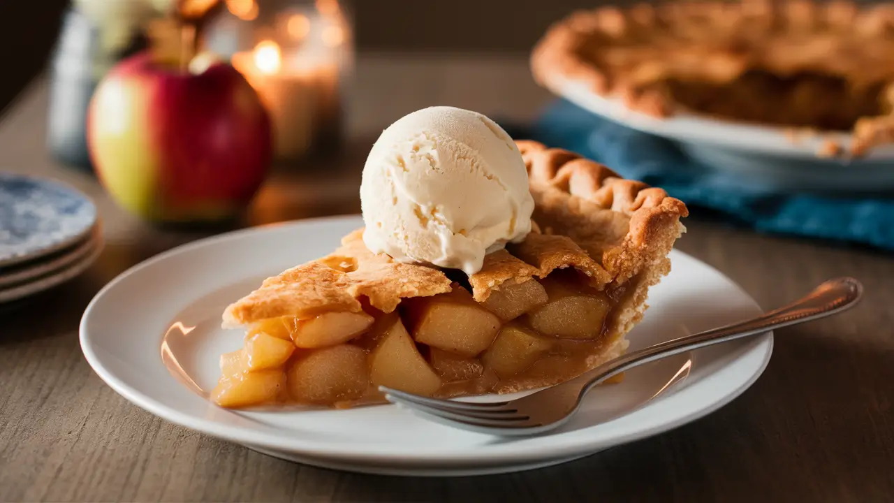 A slice of gluten-free apple pie with vanilla ice cream