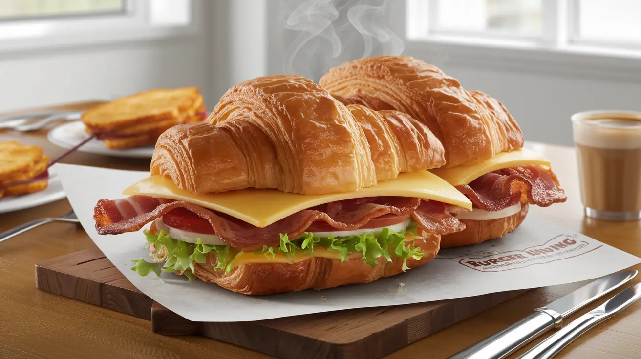 A close-up of Burger King's Croissan’wich with hash browns and coffee