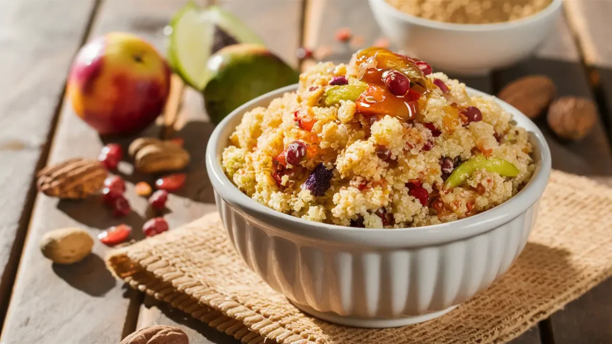 Bowl of puffed quinoa with fruits and nuts on a rustic table