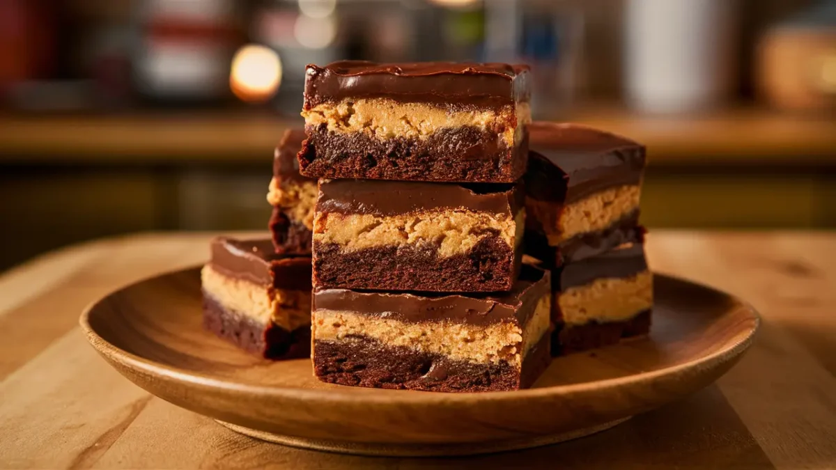 Freshly baked Buckeye brownies with peanut butter and chocolate layers