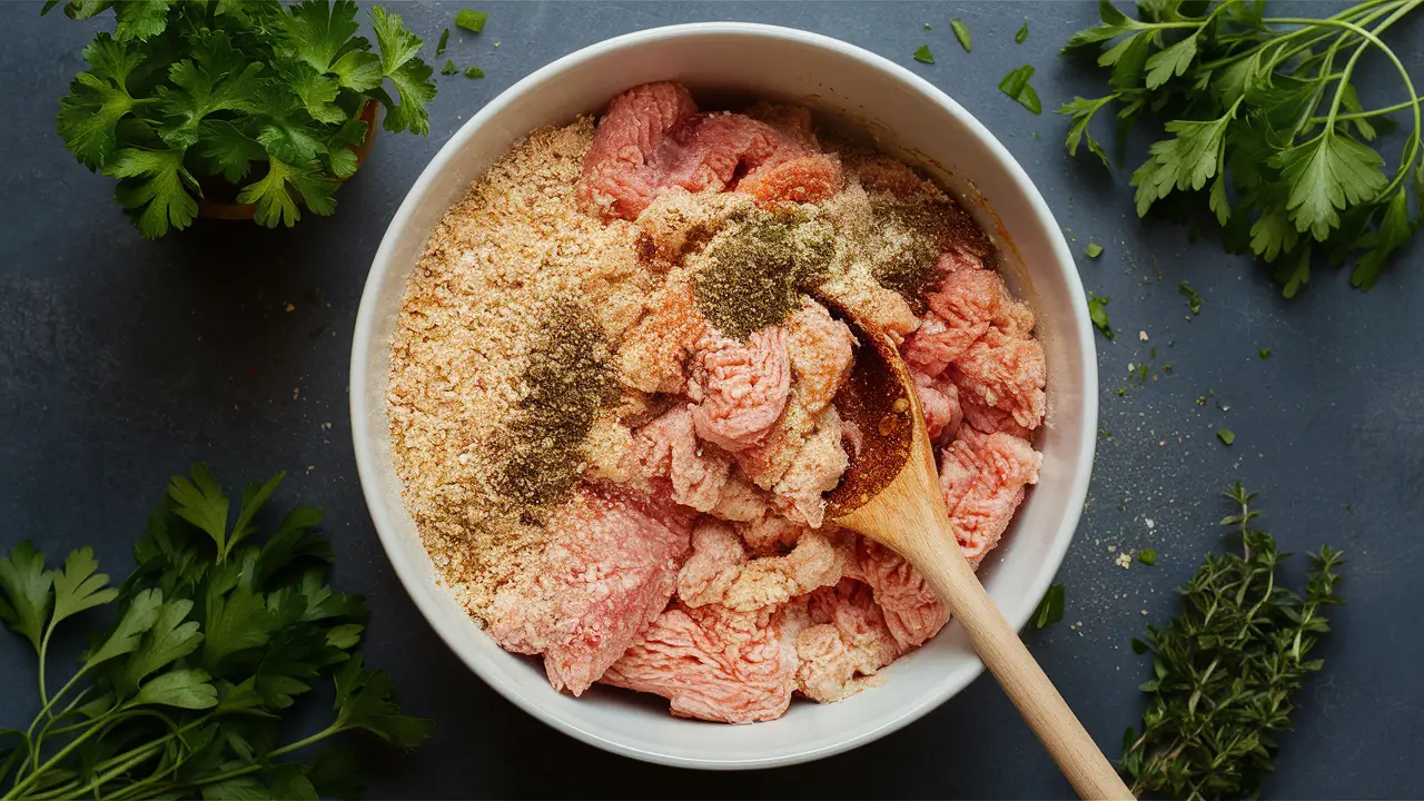 Mixing ingredients for homemade chicken meatballs.