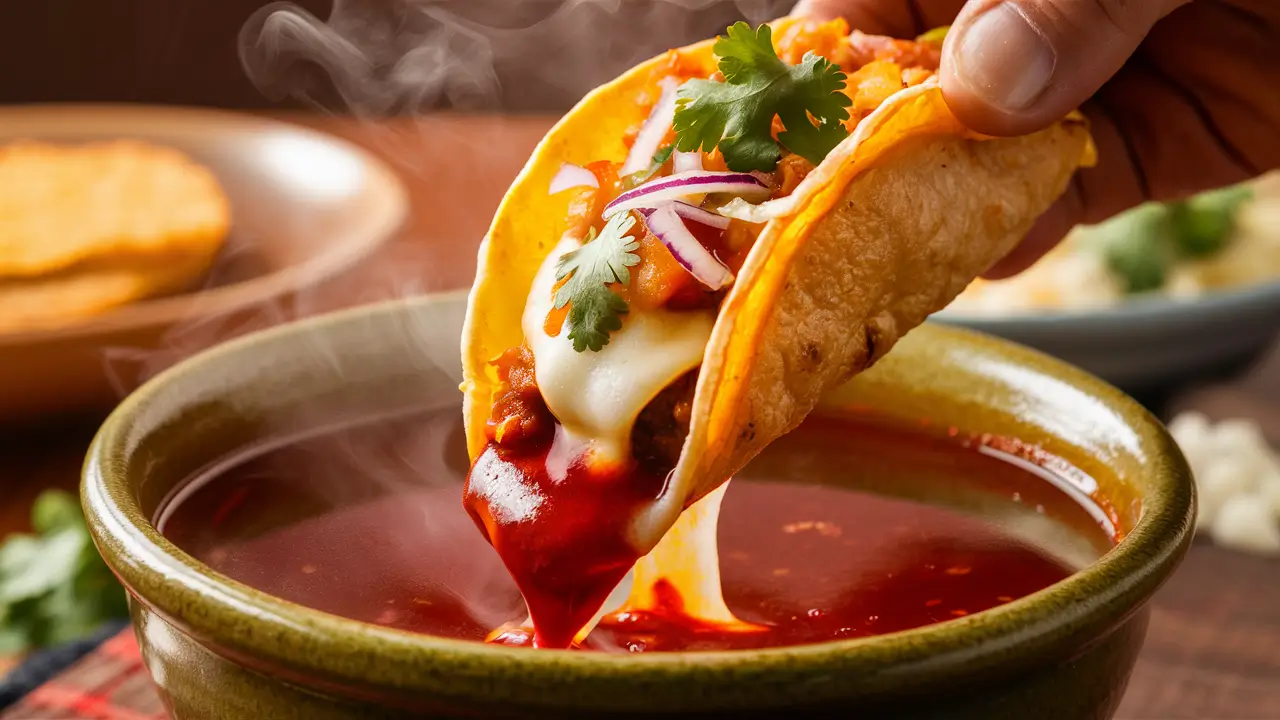 Birria taco dipped into consomé with melted cheese