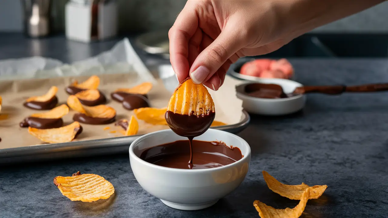 A potato chip being dipped into melted dark chocolate