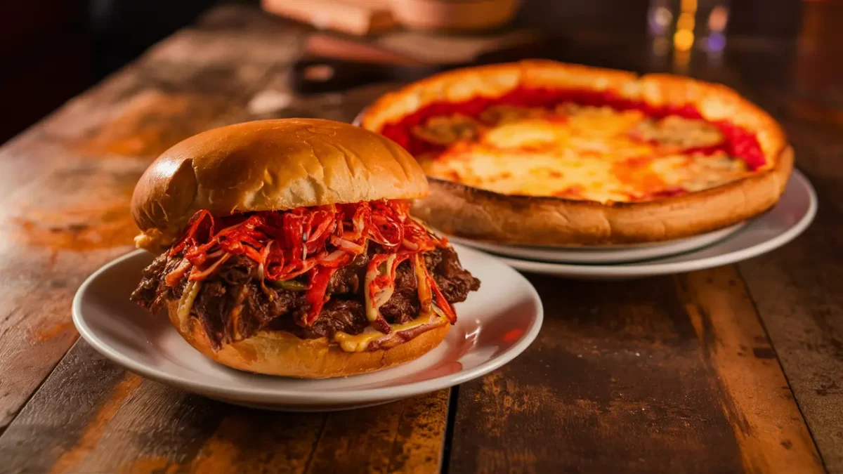 A Chicago Italian beef sandwich with hot giardiniera and a deep-dish pizza.