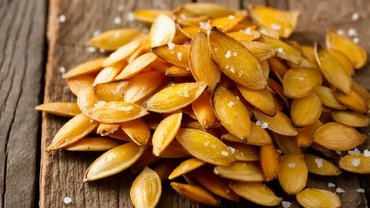 Roasted butternut squash seeds on a wooden table