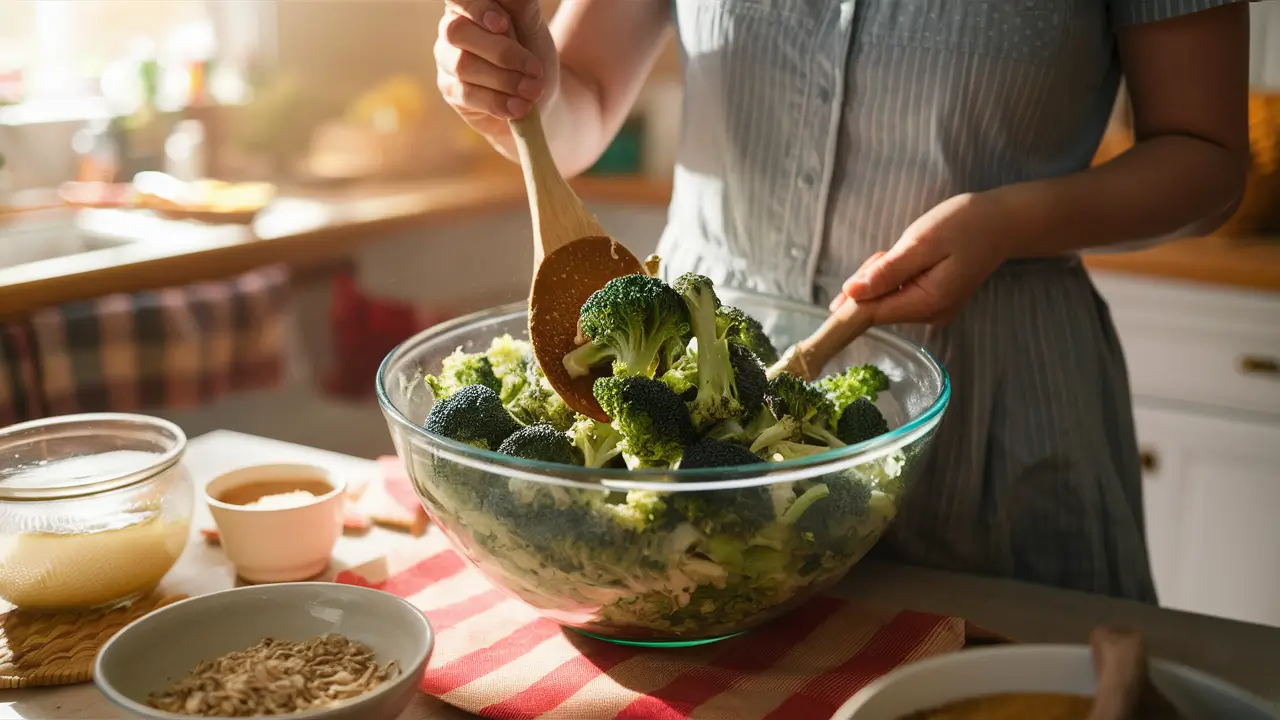 Mixing Amish broccoli salad in a large bowl with fresh ingredients