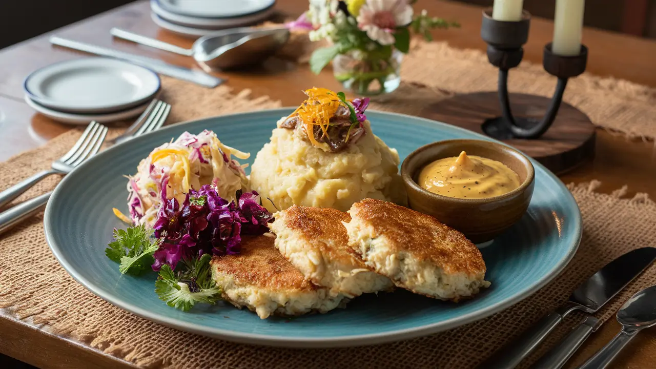 Seafood dinner plate with Red Lobster crab cakes, coleslaw, and mashed potatoes