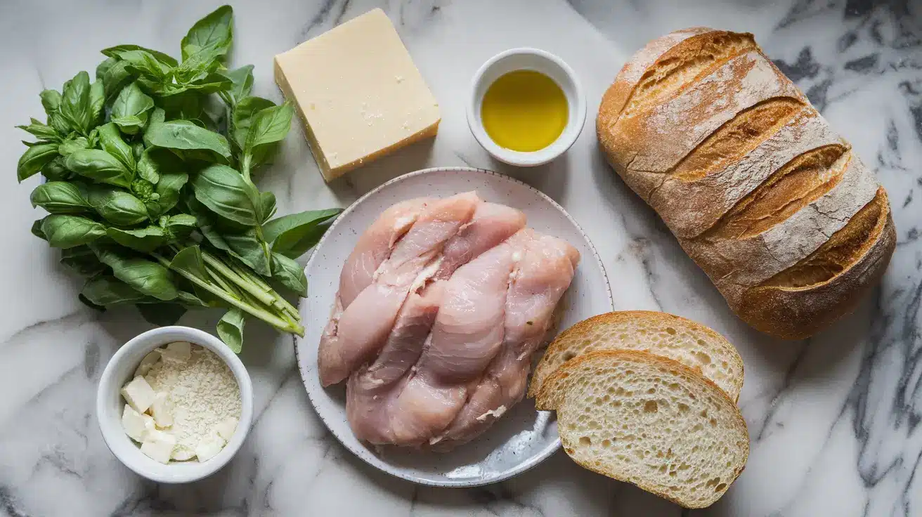 Ingredients for a chicken pesto sandwich on a marble countertop