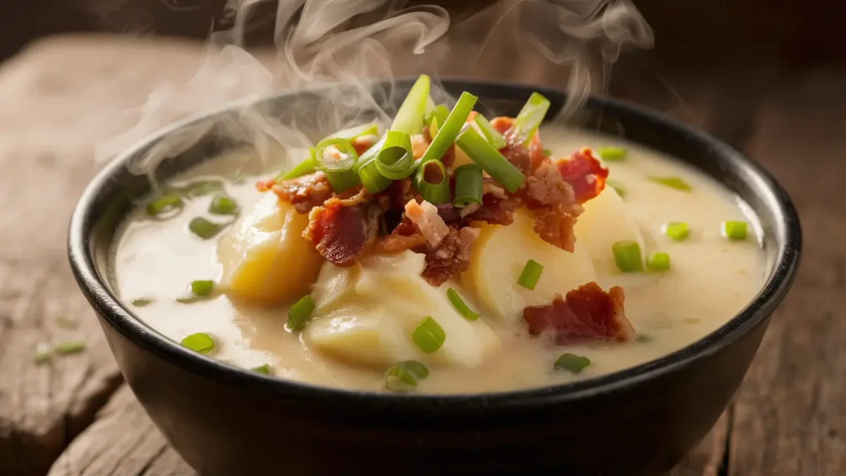 Steaming bowl of creamy 4 ingredient potato soup