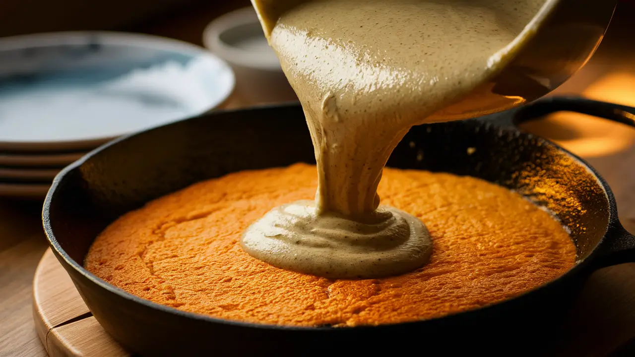 Sweet potato cornbread batter being poured into a cast-iron skillet