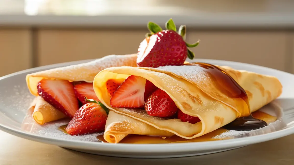 Plate of golden Bisquick crepes with strawberries and syrup