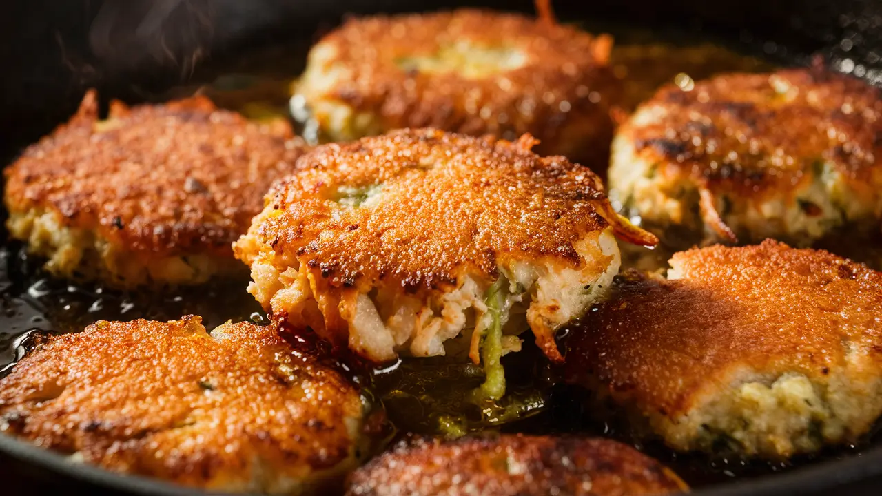 Crab cakes frying in a skillet, achieving a golden-brown crust