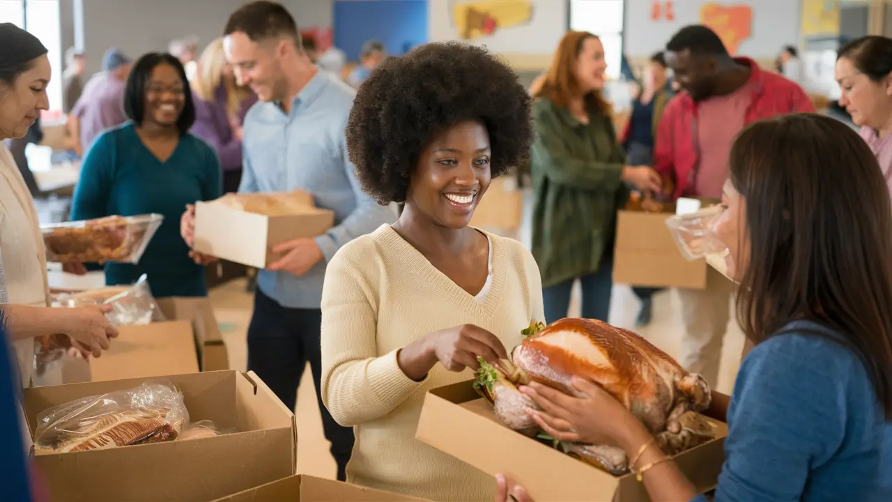  Volunteers handing out free Thanksgiving turkeys at a community center