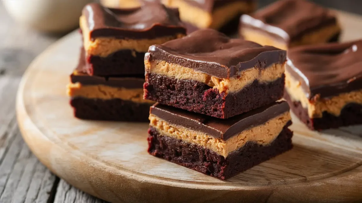 A stack of buckeye brownies showing distinct layers