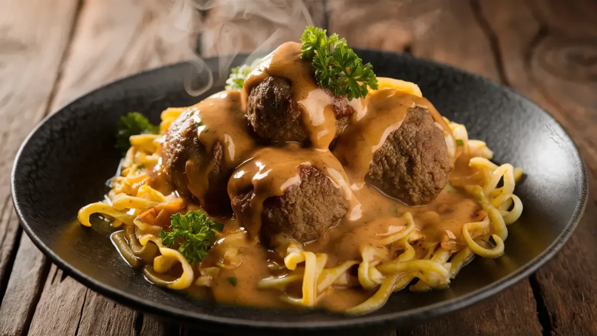 A bowl of creamy meatball stroganoff with egg noodles