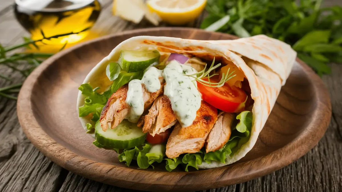 Fresh chicken pita with grilled chicken and tzatziki sauce