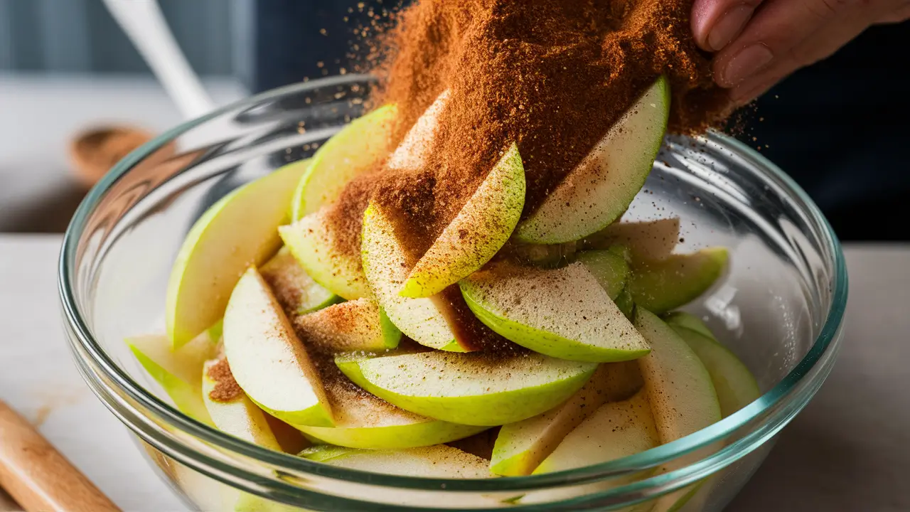 Sliced apples mixed with cinnamon and sugar for pie filling