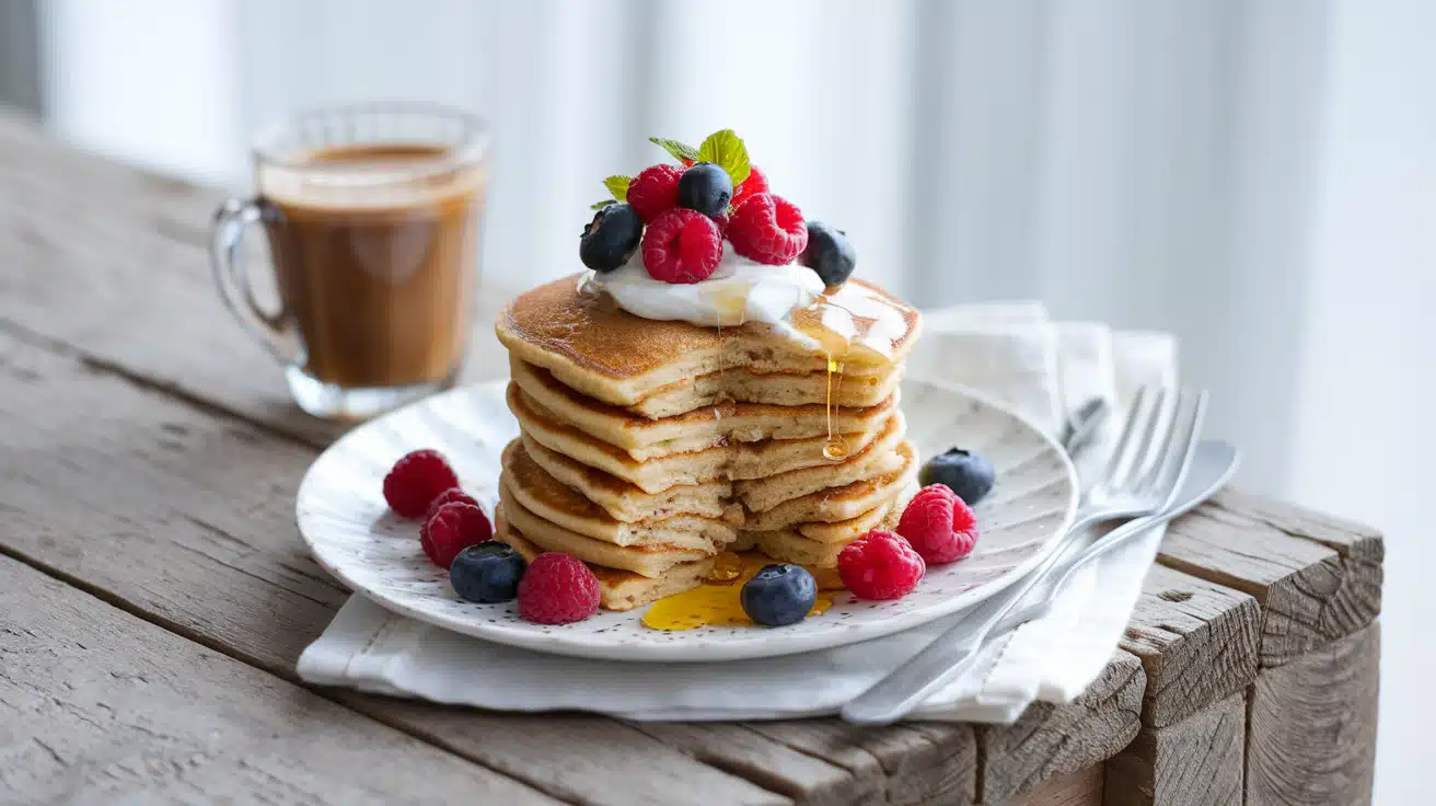 Golden protein pancakes with berries and yogurt on a rustic table