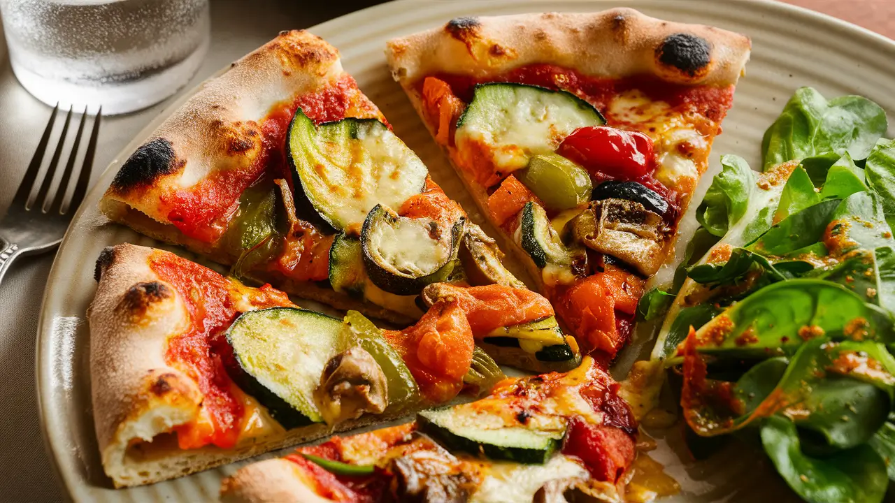 A slice of roasted vegetable pizza served with a salad