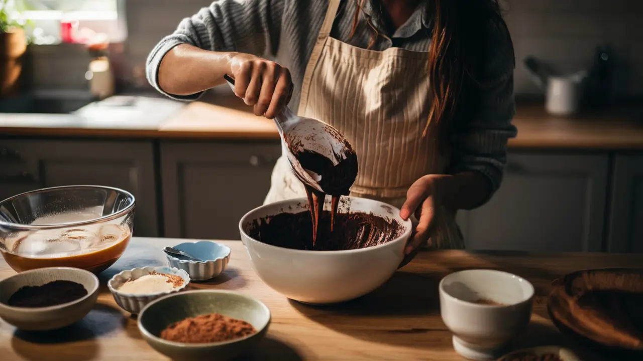 Ingredients for Triple Chocolate Cake in a Mixing Bowl