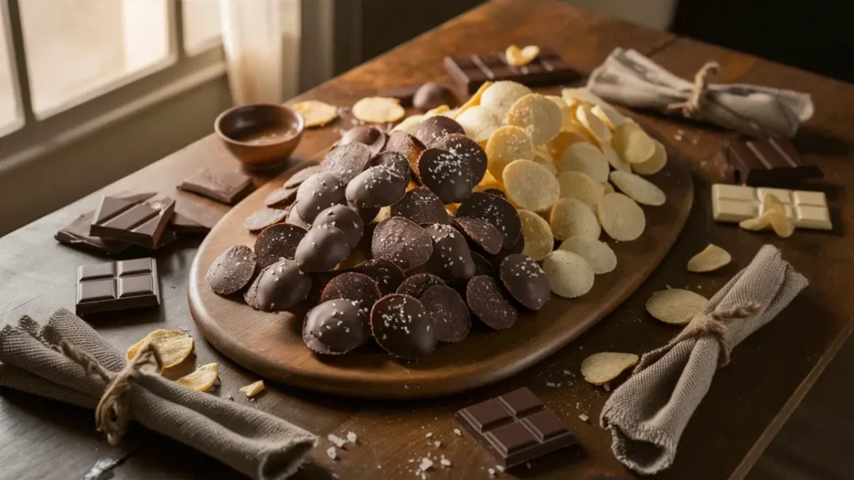 A platter of chocolate covered chips in milk, dark, and white chocolate, garnished with sea salt