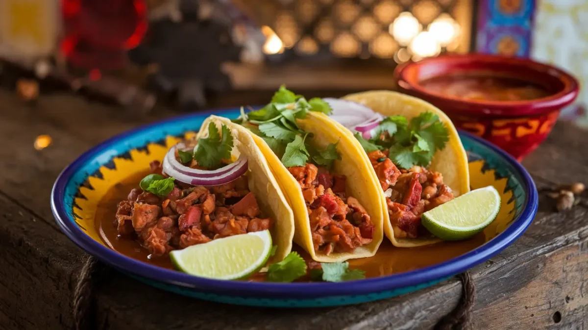 Birria tacos with consommé, lime, and cilantro